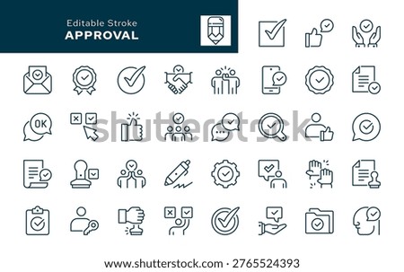 Approval. Set of outline icons. Approved, check mark, ok, acceptance, okay, agreement, certified, license, handshake, stamp and more. Line icon in linear style. Vector collection	