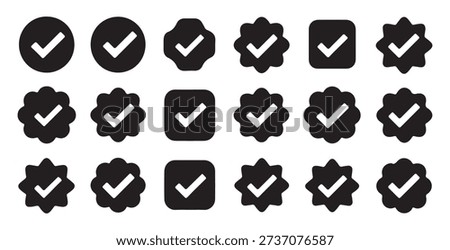 Approval sign in various shapes, verified check mark icons, social media badge, trust symbol, quality guarantee