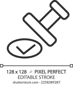 Approval stamp pixel perfect linear icon. Checkmark on official document. Notary service. Proved information. Thin line illustration. Contour symbol. Vector outline drawing. Editable stroke