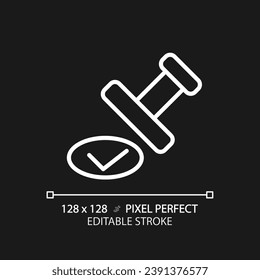 Approval stamp pixel perfect white linear icon for dark theme. Checkmark on official document. Proved information. Thin line illustration. Isolated symbol for night mode. Editable stroke