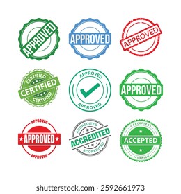 Approval stamps, certification seals, vector
‘graphics, green red and blue colors, circular
designs, checkmark icon, accredited badges,
official emblems, flat design, minimalist style.