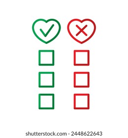 Approval symbol inside heart. Cancel sign inside heart. confirmation and cancellation signs.