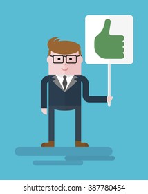Approval, thumbs up gesture. Businessman with a banner. Cartoon flat vector illustration.