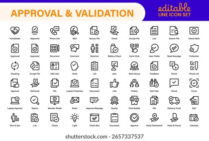 Ícones de Aprovação e Validação - Marcas de Seleção de Linha Fina Mínimas, Certificações, Contratos, Confirmação, Verificado, Aceitar, Endosso