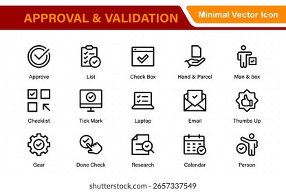 Ícones de Aprovação e Validação - Marcas de Seleção de Linha Fina Mínimas, Certificações, Contratos, Confirmação, Verificado, Aceitar, Endosso