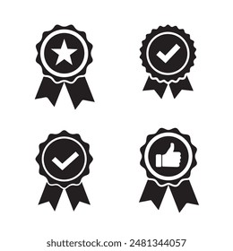 Approval vector icon. Approved stamp or medal. Certificate symbols isolated on white background. Set premium quality badges with ribbons. Vector