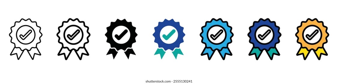 Approval vector icon. Approved stamp or medal. Certificate symbols isolated on white background. Set premium quality badges with ribbons. Vector illustration.