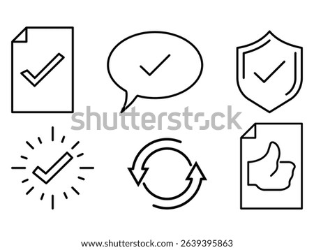 Approval verification checkmark shield update document feedback success quality confirm secure validate sync icon vector illustration line style.