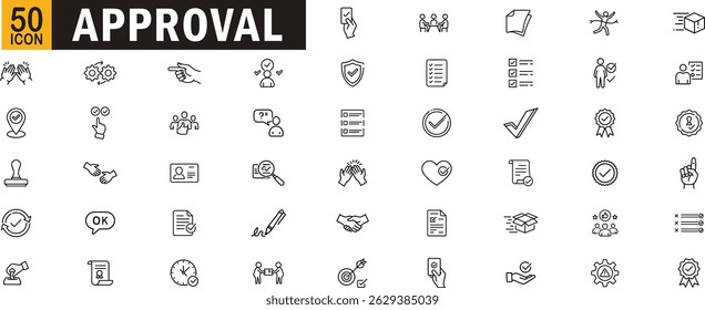 Ícone de aprovação e verificação definido. Verificação de qualidade, validação, confirmação, contrato, conclusão de tarefa e símbolos de revisão.