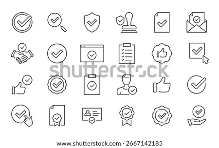 Approval web icons in line style. Thumpb up, check mark, approve, agreement, validation, confirmation, collection. Vector illustration.
