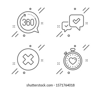 Approve, 360 degrees and Close button line icons set. Heartbeat timer sign. Accepted message, Full rotation, Delete or decline. Love stopwatch. Technology set. Line approve outline icon. Vector