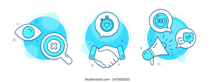 Approve, 360 degrees and Close button line icons set. Handshake deal, research and promotion complex icons. Heartbeat timer sign. Accepted message, Full rotation, Delete or decline. Vector