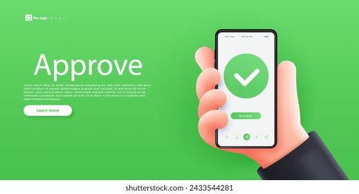 Approve 3d hand poster. Businessman with smartphone in hand. Modern technologies and innovations. Approval and agreement. Landing webpage design. Neon isometric vector illustration