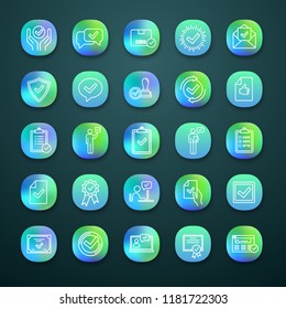 Approve app icons set. Quality assurance. Verification and validation. Confirmation. Certificates, awards, quality badges with checkmarks. UI/UX user interface. Vector isolated illustrations