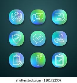 Approve app icons set. Quality service, approved chat, delivery, security, dialog, stamp, task planning, voter, clipboard with checkmark. UI/UX user interface. Vector isolated illustrations