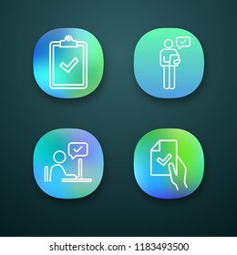 Approve app icons set. Verification and validation. Clipboard with check mark, person checking document, contract signing, approval chat. UI/UX user interface. Vector isolated illustrations