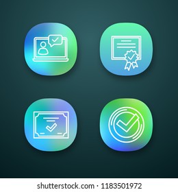 Approve app icons set. Verification and validation. Chat approved, certificate, check mark. UI/UX user interface. Web or mobile applications. Vector isolated illustrations