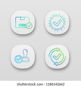 Approve App Icons Set. Verification And Validation. Approved Delivery, Check Mark, Stamp Of Approval, Checking Process. UI/UX User Interface. Web Or Mobile Applications. Vector Isolated Illustrations