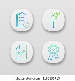 Approve app icons set. Verification and validation. Task planning, voter, document verification, award medal. UI/UX user interface. Web or mobile applications. Vector isolated illustrations