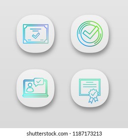 Approve app icons set. Verification and validation. Chat approved, certificate, check mark. UI/UX user interface. Web or mobile applications. Vector isolated illustrations