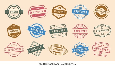 Approve badges. Stamp templates with grunge texture vector verification badges collection set recent vector badges set