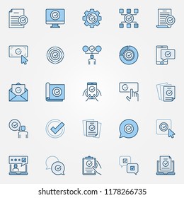 Approve blue icons set. Approved, verified, accepted, check list modern signs or logo elements