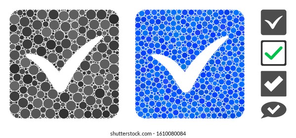Approve box mosaic of filled circles in different sizes and color tinges, based on approve box icon. Vector random circles are composed into blue mosaic.