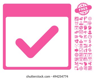Approve Calendar Page pictograph with bonus calendar and time management pictures. Vector illustration style is flat iconic symbols, pink color, white background.