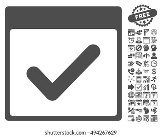 Approve Calendar Page pictograph with bonus calendar and time management pictogram. Vector illustration style is flat iconic symbols, gray color, white background.
