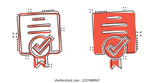 Approve certificate icon in comic style. Document check mark cartoon vector illustration on white isolated background. Approval choice splash effect business concept.
