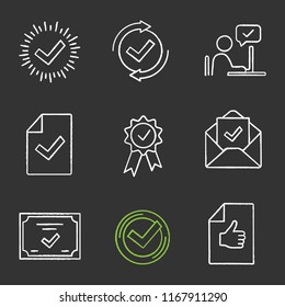 Approve chalk icons set. Check mark, testing, approved chat, document verification, award medal, email confirmation, certificate, quality badge, review. Isolated vector chalkboard illustrations
