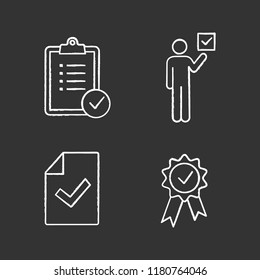 Approve chalk icons set. Verification and validation. Task planning, voter, document verification, award medal. Isolated vector chalkboard illustrations