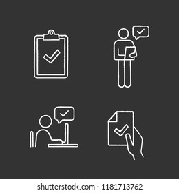 Approve chalk icons set. Verification and validation. Clipboard with check mark, person checking document, contract signing, approval chat. Isolated vector chalkboard illustrations