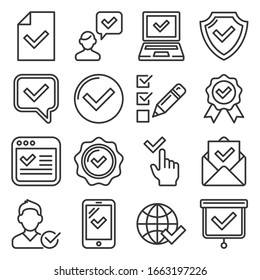 Approve and Check Icons Set on White Background. Line Style Vector