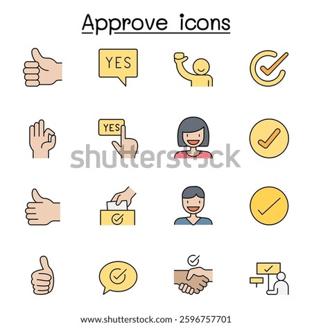 Approve, check mark, assurance icon set in color line style