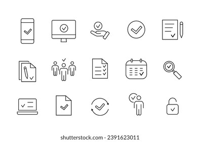 Approve and Check mark line icon set. Line icons accepted, verified, guarantee, confirm, checklist. Thin outline icons approval collection. 