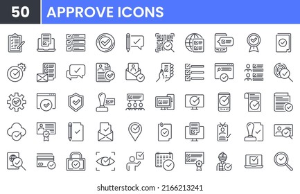 Approve and Check Mark vector line icon set. Contains linear outline icons like Quality Guarantee, Accept Document, Warranty, Certificate, Choice, Checklist, Correct, Stamp. Editable use and stroke.