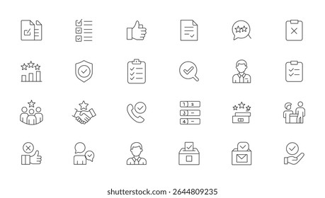 Approve and checkmark line editable icon set. Big set of approval related line icons. Accept, confirm, checkmark, ok etc. Vector illustration.