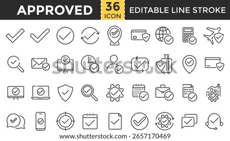 Approve, Checkmark line icon set. Check mark icons collection. Pixel Perfect and Editable Stroke. Approved, Correct, yes, correct, complete, Correct, checklist, Checkbox, tick mark, verified and more.