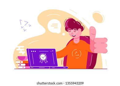 Approve the choice feedback rating. Smiling boy in glasses sitting at laptop and showing thumbs up or like gesture vector illustration. Quality guarantee stamp on computer flat style concept