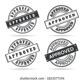 Approve circle seal templates. Approved stamping template set, vector sealed signs with approvals grungy rubber office labels isolated on white background