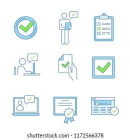 Approve color icons set. Check mark, manager, checklist, approved chat, contract signing, checkbox, certificate, browser verification, chatbot. Isolated vector illustrations