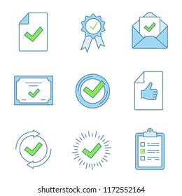 Approve color icons set. Document verification, award medal, email confirmation, certificate, check mark, review, checking process, quality badge, task planning. Isolated vector illustrations