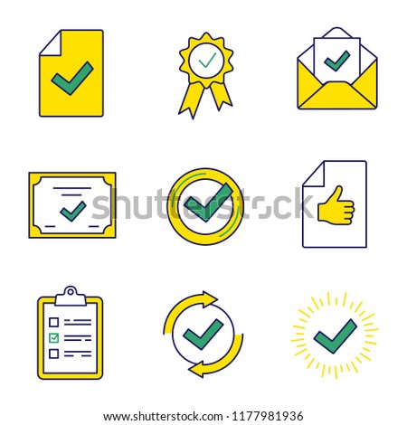 Approve color icons set. Document verification, award medal, email confirmation, certificate, check mark, review, checking process, quality badge, task planning. Isolated vector illustrations