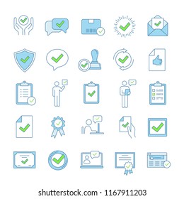 Approve color icons set. Quality assurance. Verification and validation. Confirmation. Certificates, awards, quality badges with checkmarks. Isolated vector illustrations