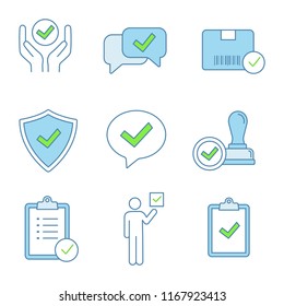 Approve color icons set. Quality service, approved chat, delivery, security, dialog, stamp, task planning, voter, clipboard with checkmark. Isolated vector illustrations