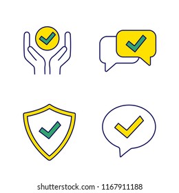 Approve color icons set. Verification and validation. Quality service, approved chat, confirmation dialog, shield with check mark. Isolated vector illustrations