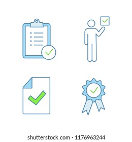 Approve color icons set. Verification and validation. Task planning, voter, document verification, award medal. Isolated vector illustrations