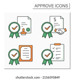 Approve color icons set.Notary approving, loan agreement, seal, certificate. Confirmed concept. Isolated vector illustrations