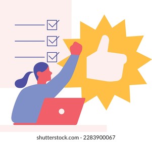 Approve concept vector illustration in flat style. Man with laptop and paper sheet showing thumbs up